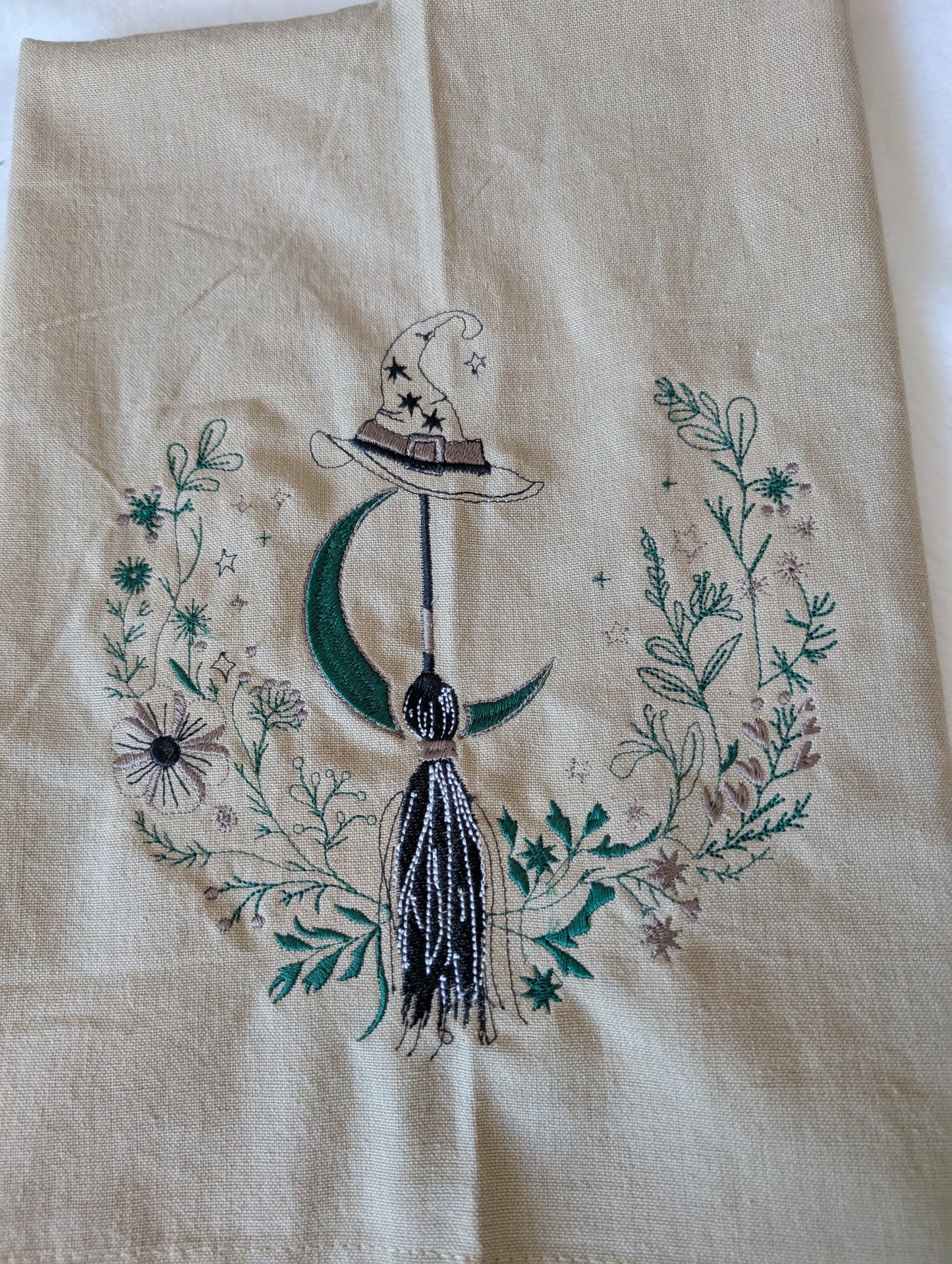 Beige Flatweave Tea towel - witch theme