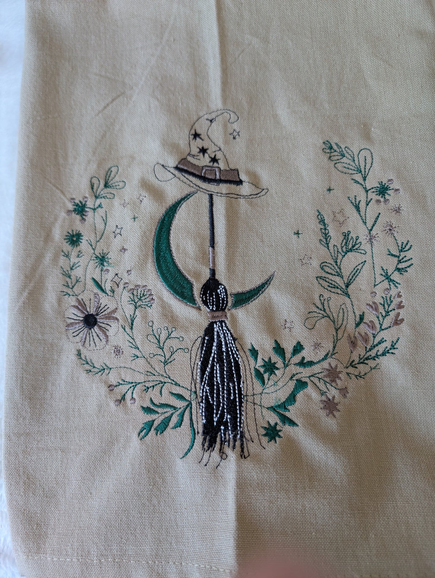 Beige Flatweave Tea towel - witch theme