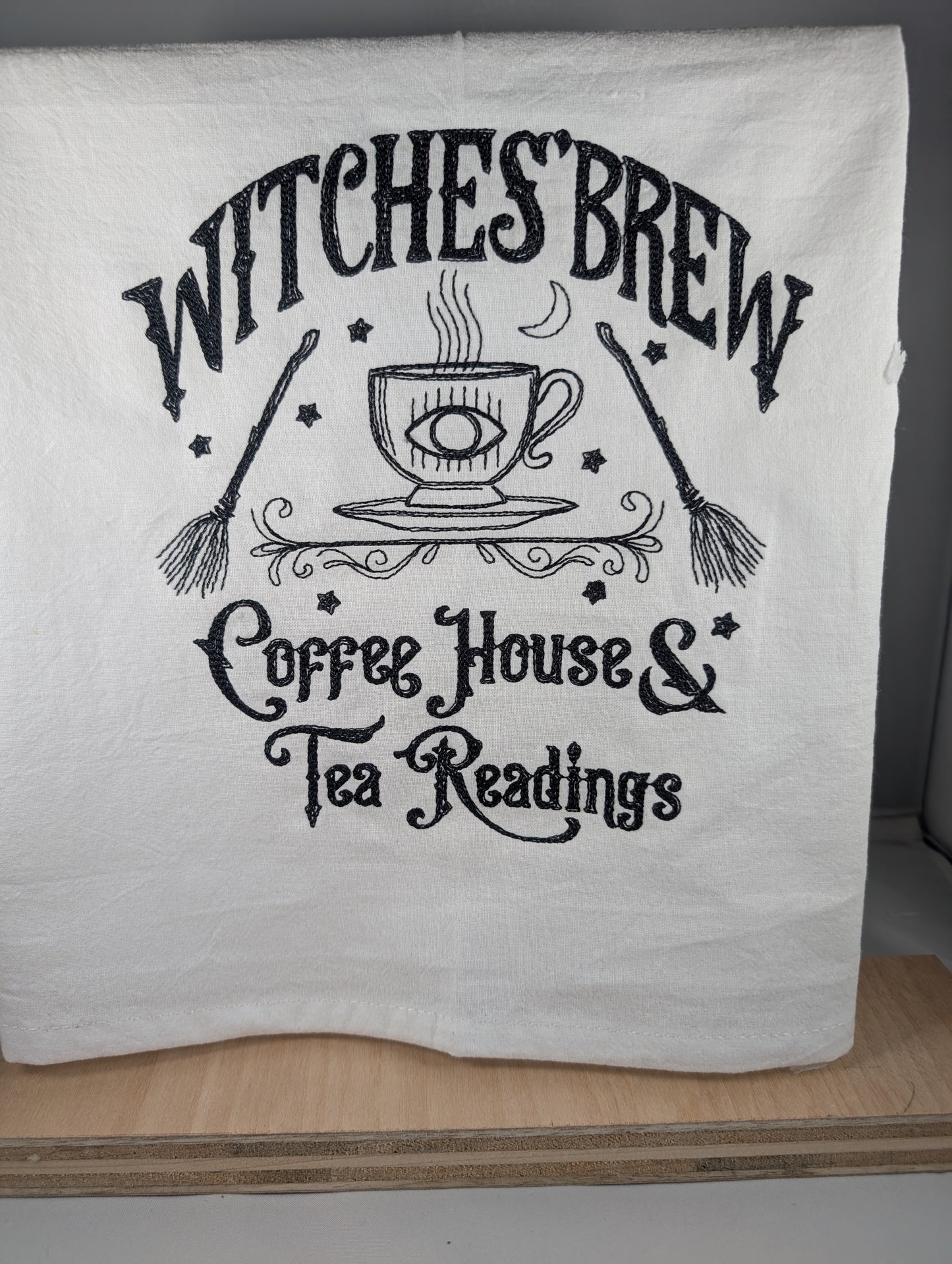 White flat weave dish towel with Embroidery in black - Witches' Brew(Copy)
