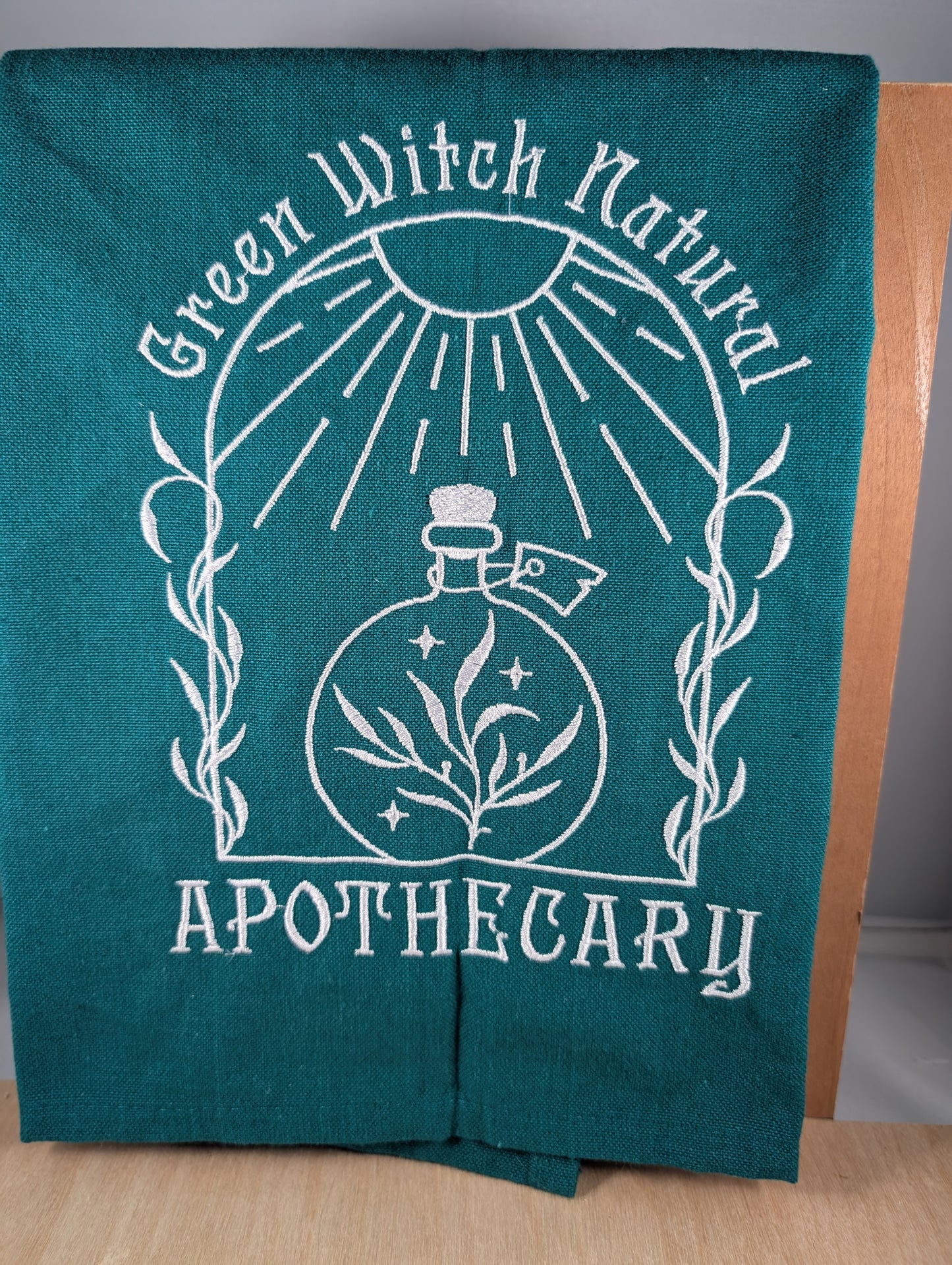 Green Witch Natural Apothecary flat weave tea towel with hanging tab