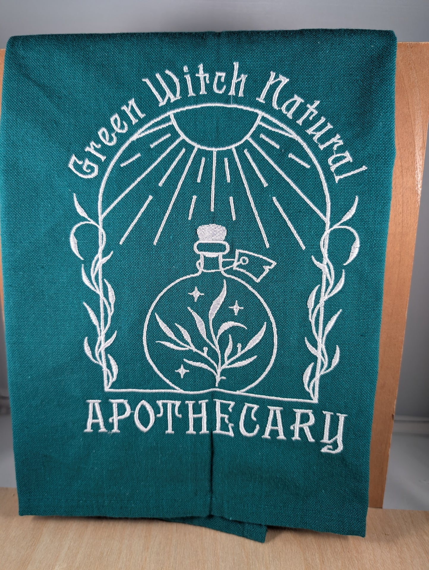 Green Witch Natural Apothecary flat weave tea towel with hanging tab