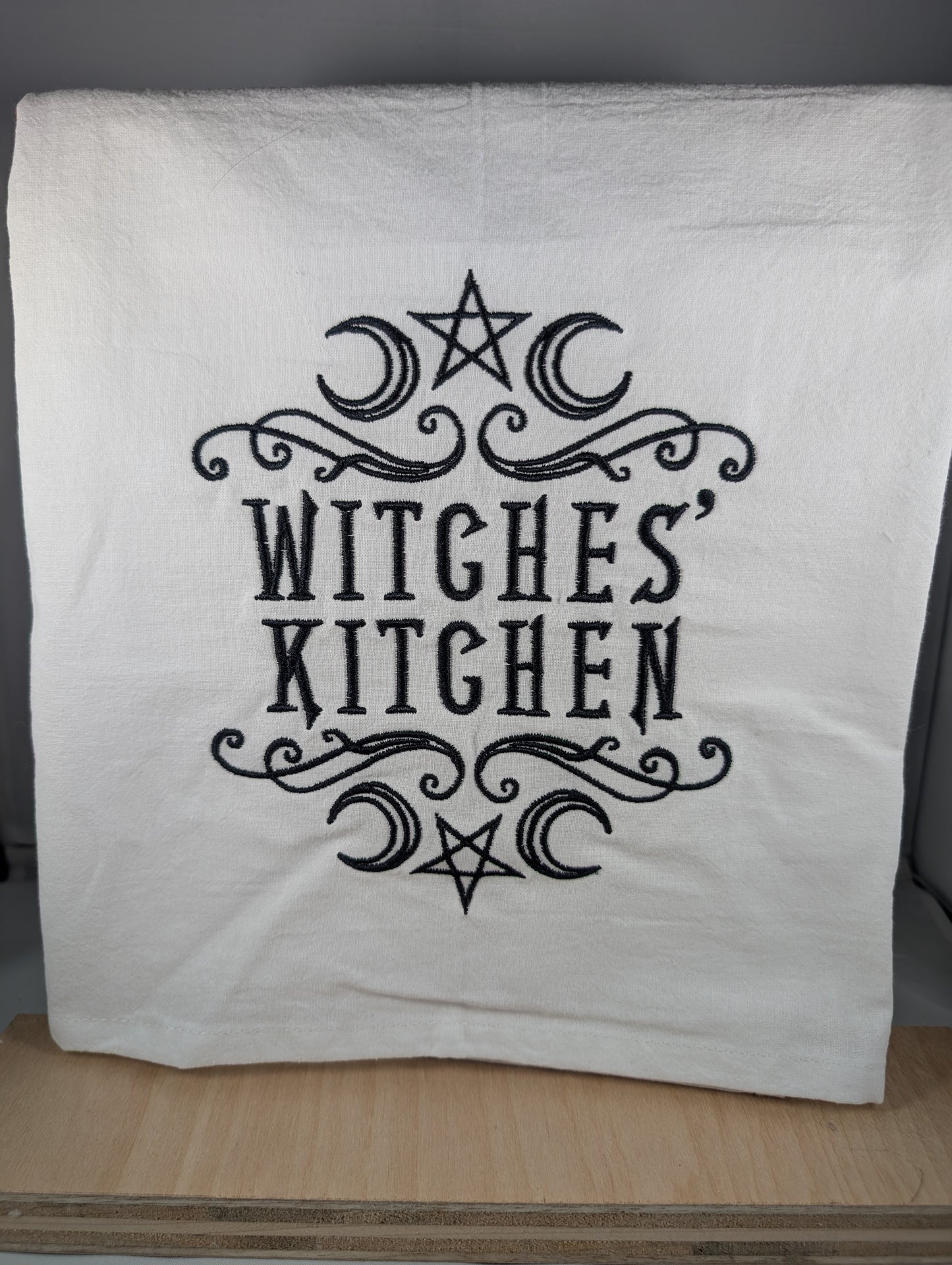 White flat weave dish towel with Embroidery in black - Witches' Kitchen