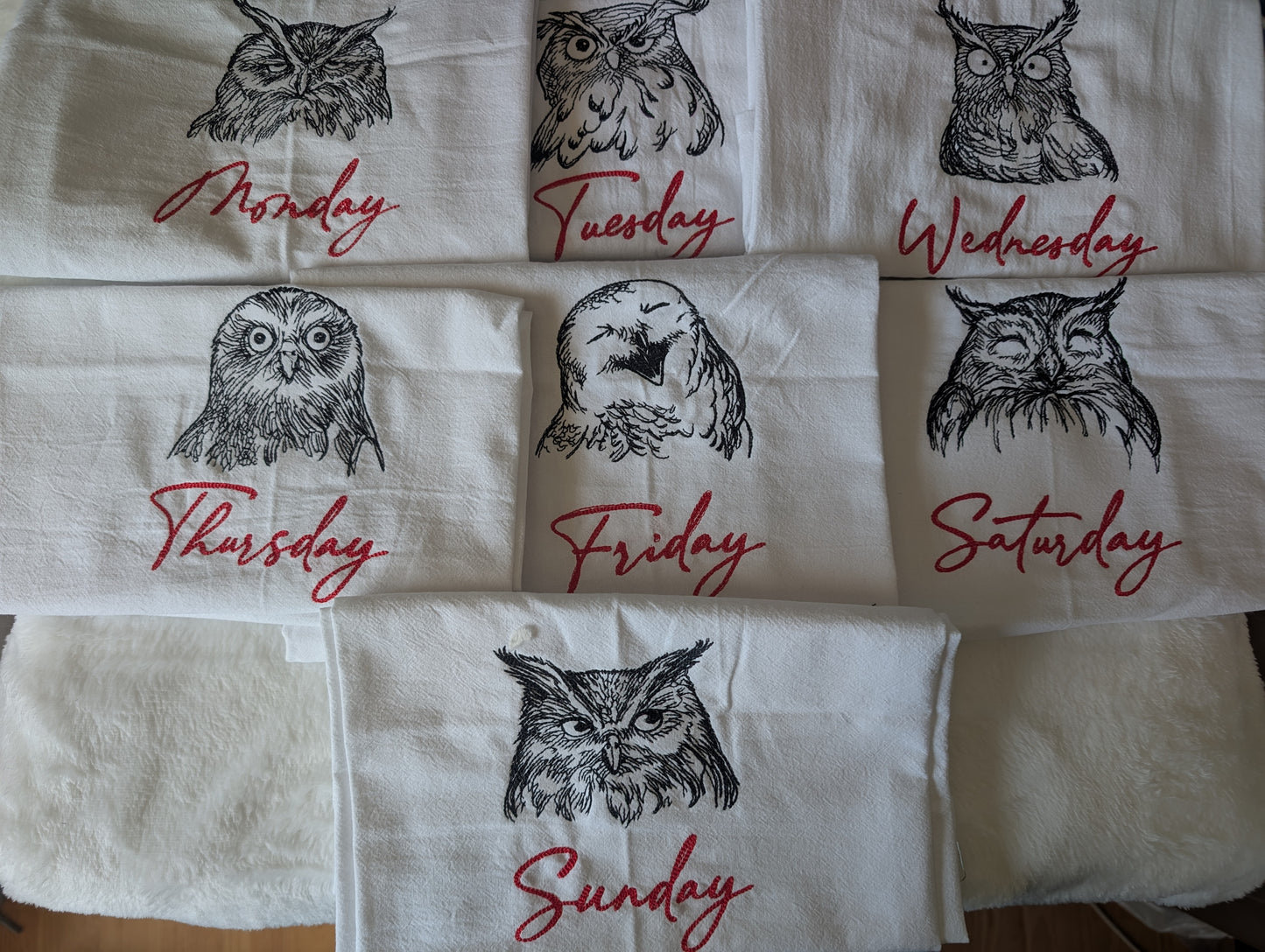 Cute Owl Days of the Week Tea Towel set of 7