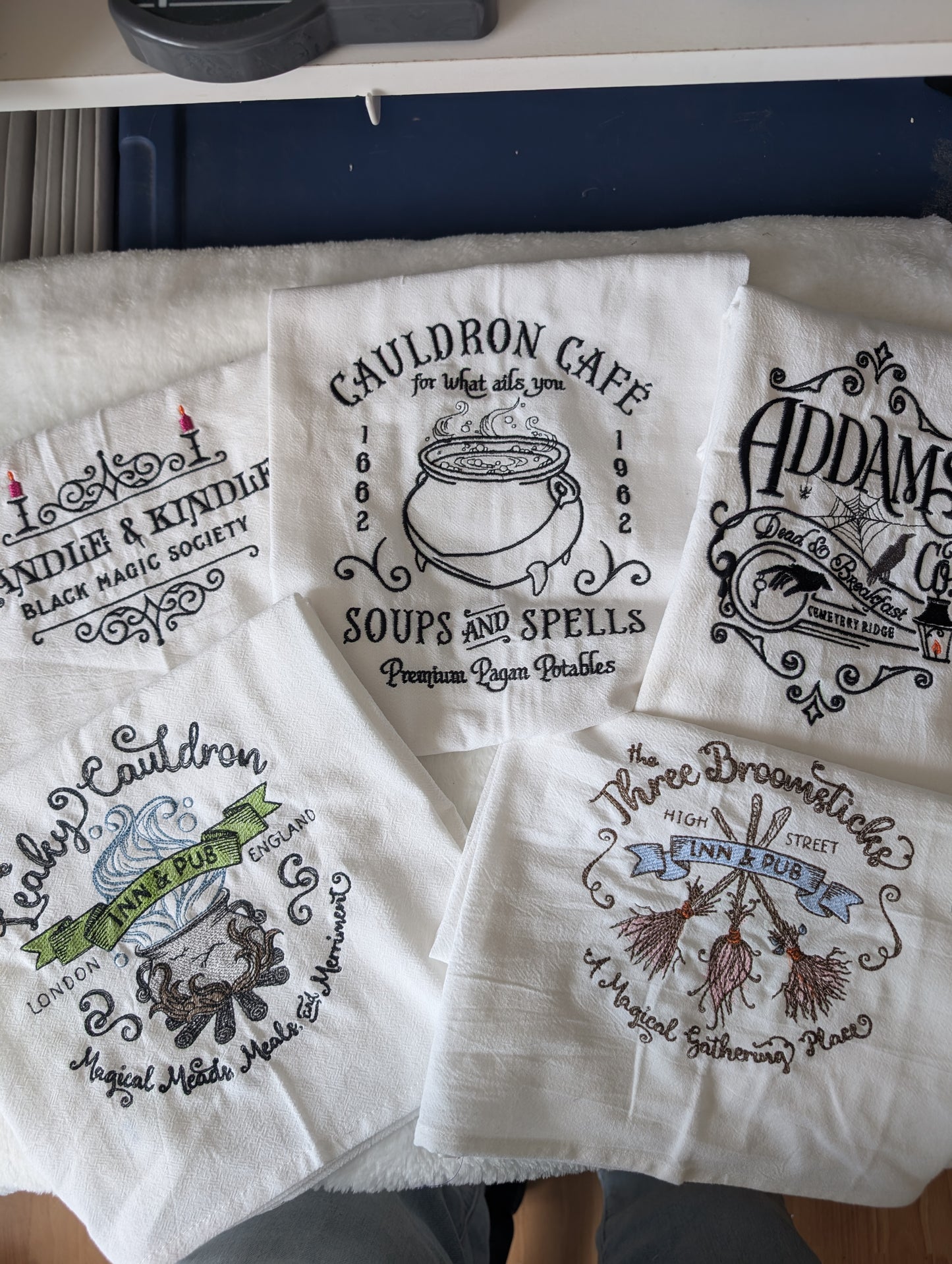 Set of 5 tea towels celebrating your witchy "travels"