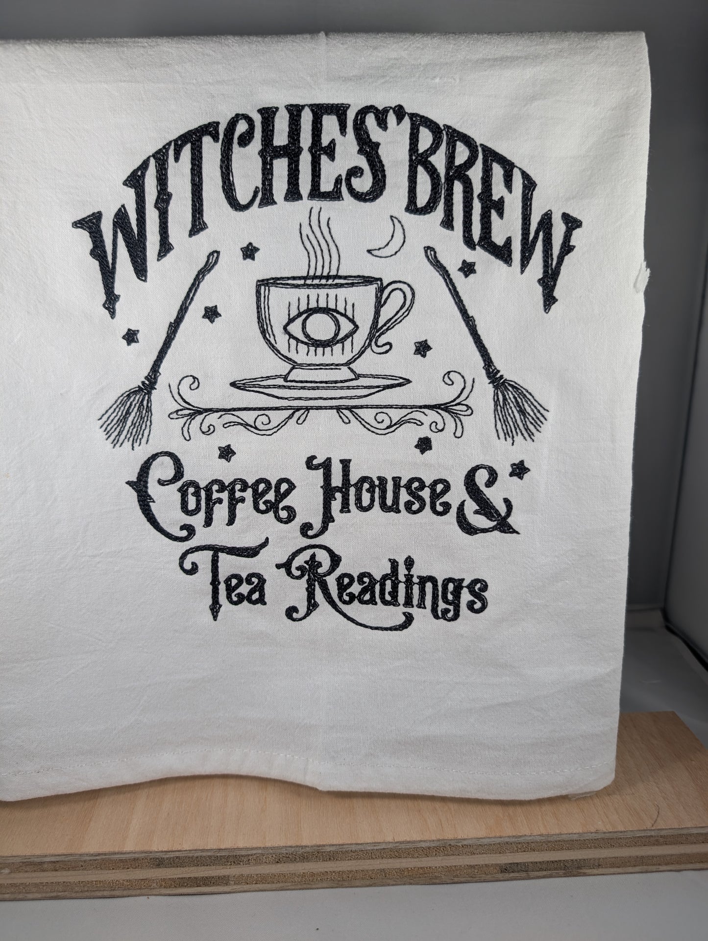 White flat weave dish towel with Embroidery in black - Witches' Brew(Copy)