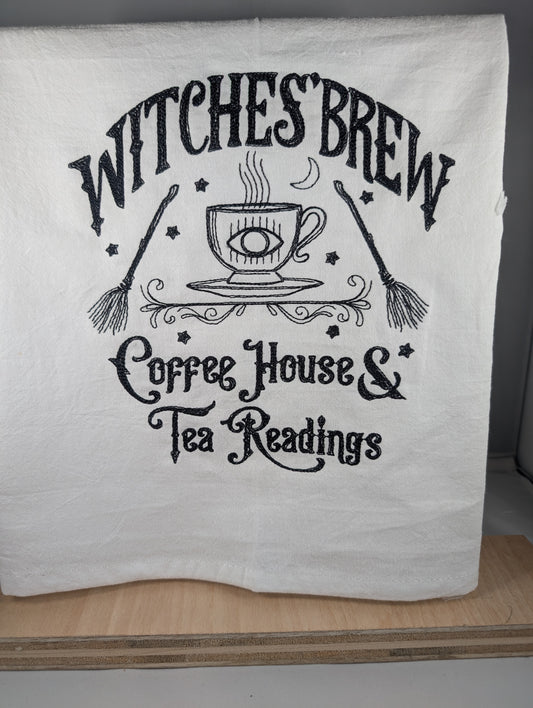 White flat weave dish towel with Embroidery in black - Witches' Brew(Copy)
