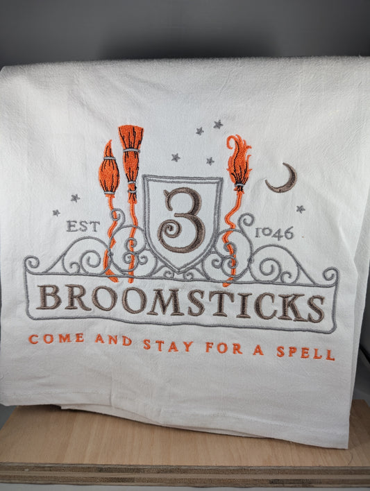 3 Broomsticks Inn Tea Towel - 28x28" white with hang tab.