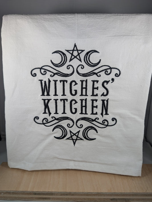 White flat weave dish towel with Embroidery in black - Witches' Kitchen